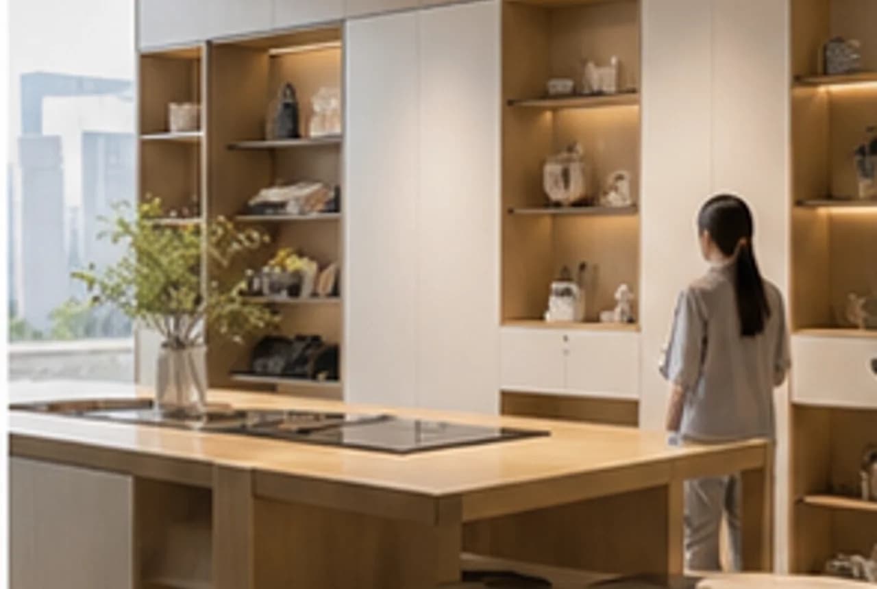 明亮展厅里的板材样板与品牌展示